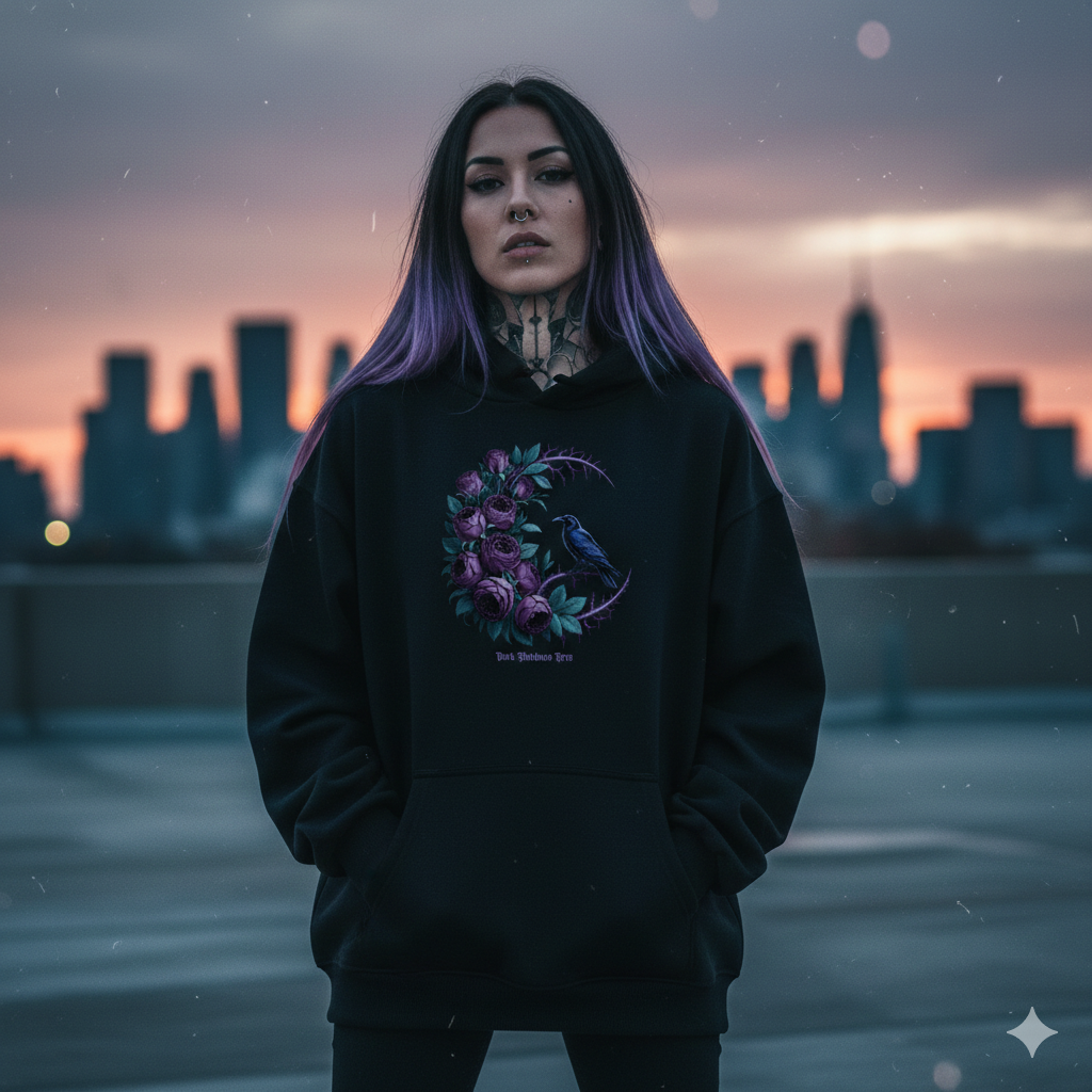 Frau in schwarzem Oversized-Gothic-Hoodie mit Raben-Motiv auf Dach einer Industriehalle