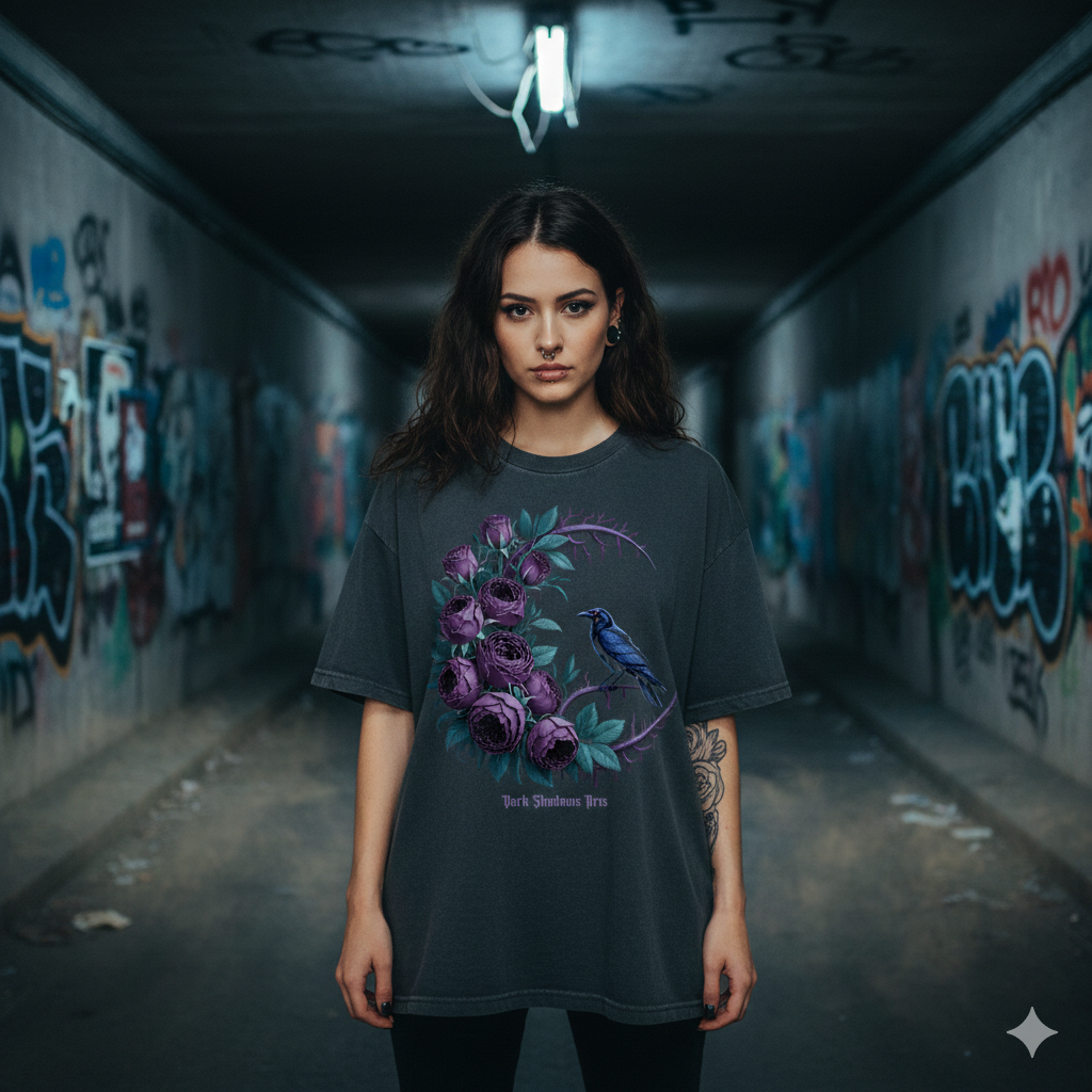 Frau in einem dunklen Tunnel trägt ein schwarzes Oversized T-Shirt mit Rabe und lila Rosen.