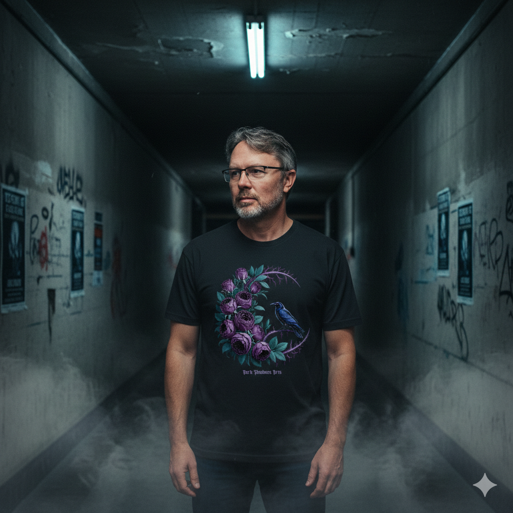 Mann mit Brille in nächtlicher Kulisse trägt ein schwarzes Goth-Shirt mit Rabe und lila Rosen-Motiv.