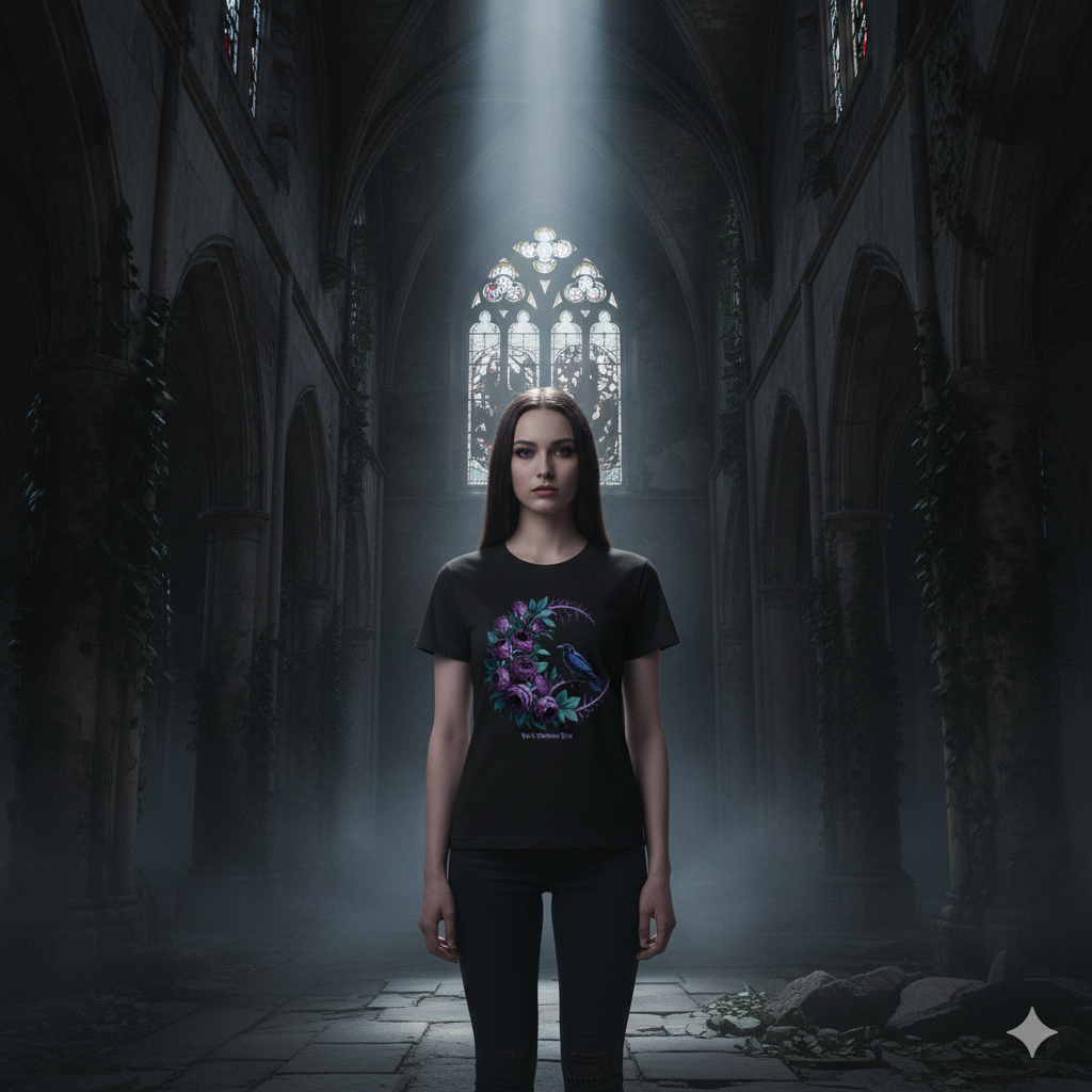 Frau in schwarzem Bio-Gothic-Shirt mit Rabe und lila Rosen in einer verfallenen Kirche.