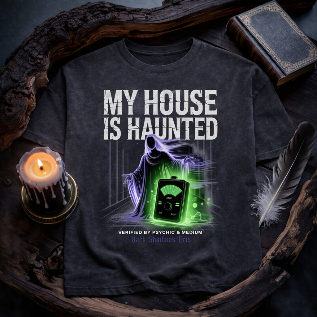 Dark Shadows Arts Heavy Oversized Shirt „My House Is Haunted“ mit Geist und leuchtendem EMF-Detektor im düsteren Holz-Mockup mit Kerze, Feder und altem Buch