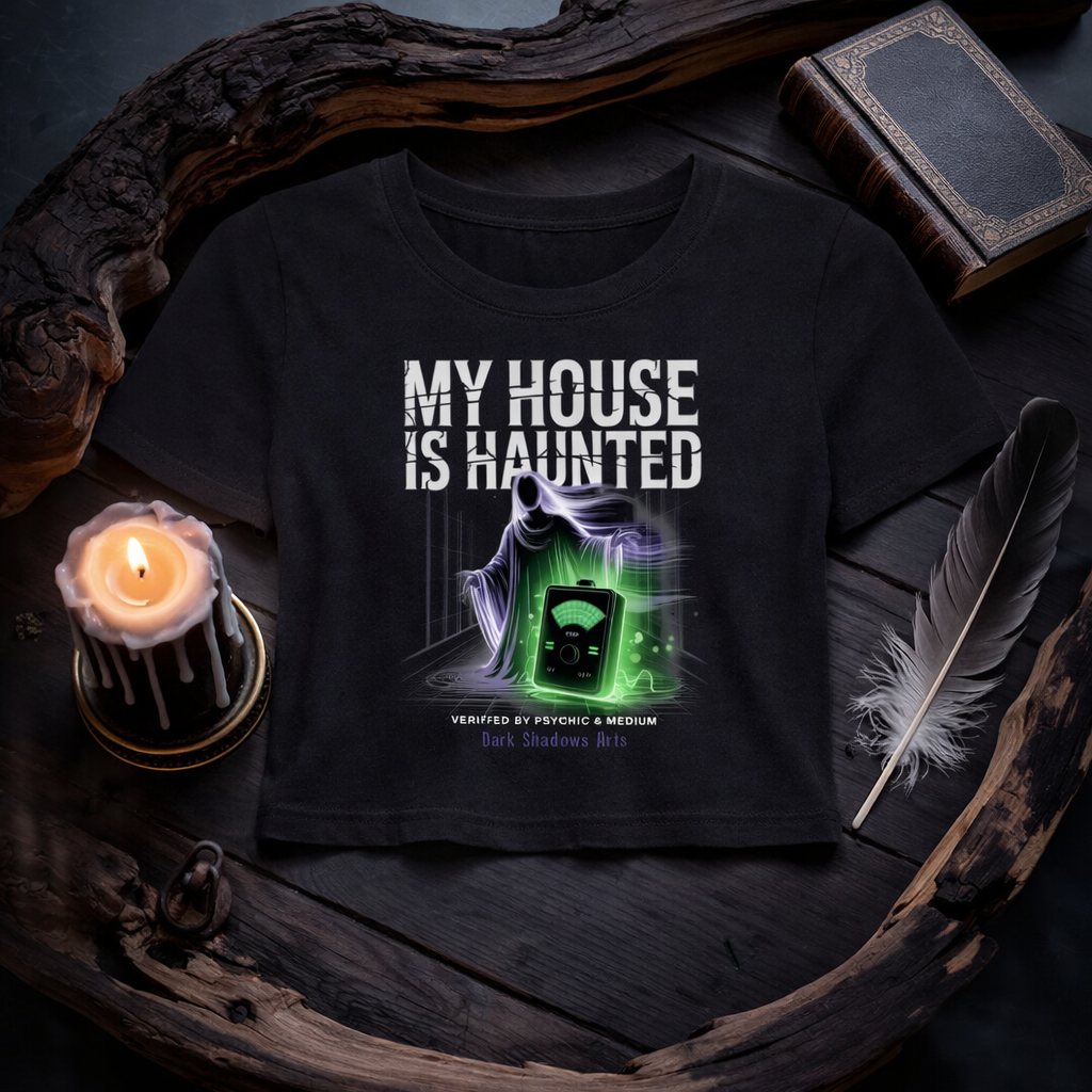 Dark Shadows Arts Ladies Cropped Tee „My House Is Haunted“ mit Geist und leuchtendem EMF-Detektor im verkürzten Schnitt im düsteren Holz-Mockup mit Kerze, Feder und altem Buch