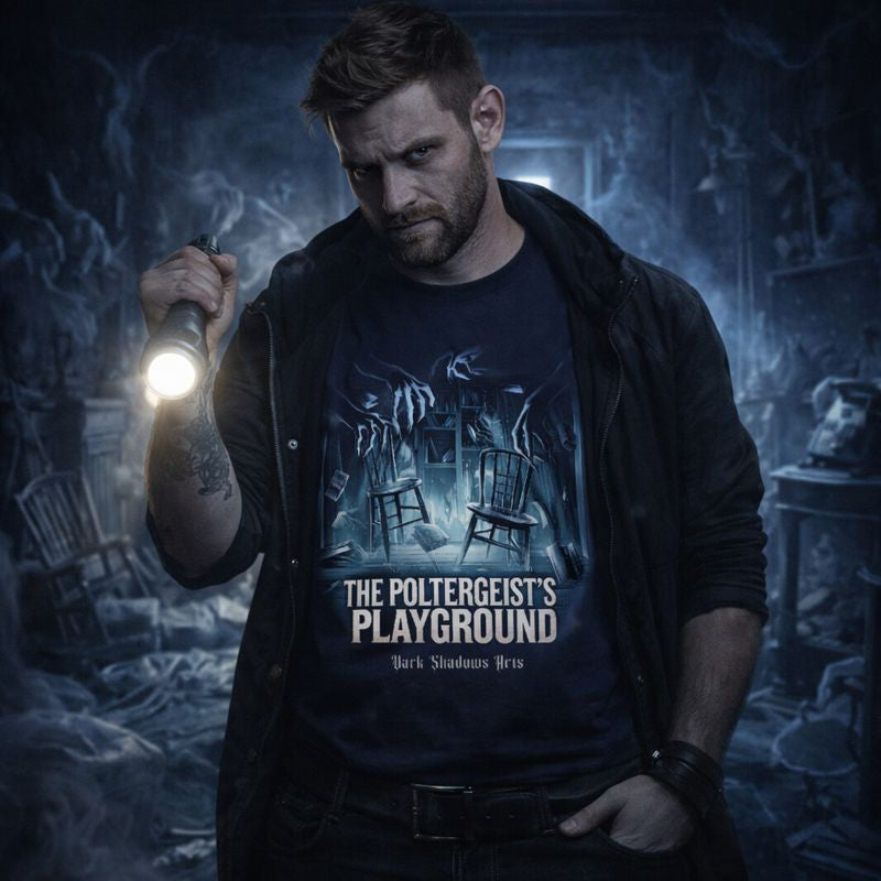 Dark Shadows Arts Premium Classix T-Shirt „Poltergeist’s Playground“ – Paranormal Horror Design mit schwebenden Stühlen, getragen von Model in düsterer Geisterkulisse