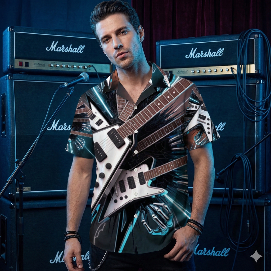 Handgenähtes Metal-Hawaii-Hemd mit 3D-Grafik von E-Gitarren und Roboterhänden, Frontansicht
