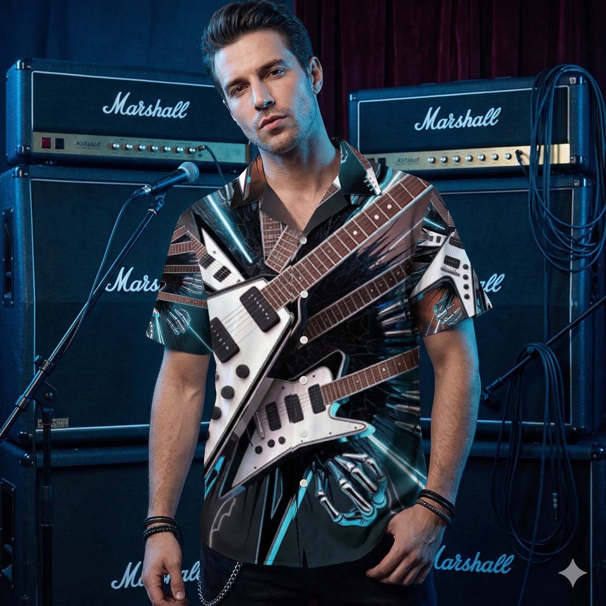 Handgenähtes Metal-Hawaii-Hemd mit 3D-Grafik von E-Gitarren und Roboterhänden, Frontansicht