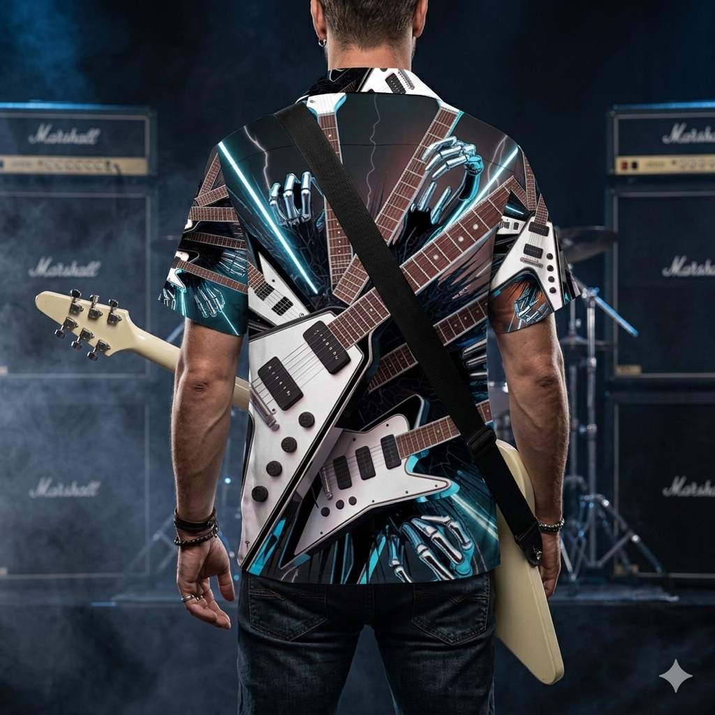 Rückansicht des DSA Hawaii-Hemds mit explodierendem Gitarren- und Blitz-Muster