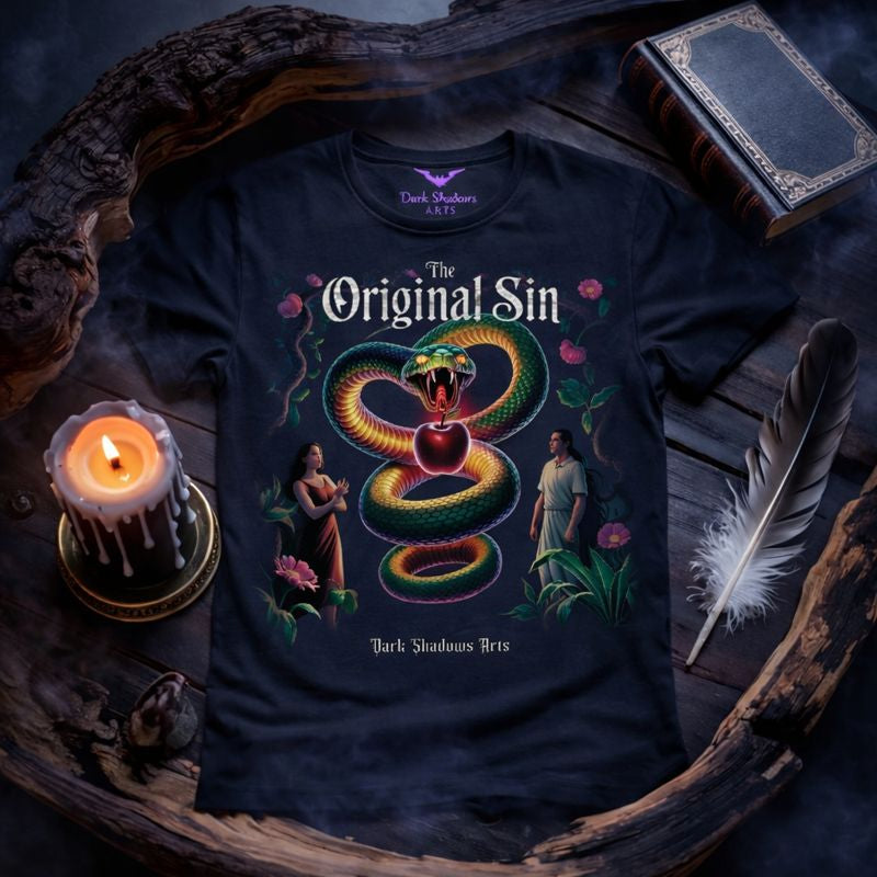 Premium T-Shirt „The Original Sin“ von Dark Shadows Arts – Gothic Design mit Schlange, Apfel, Adam und Eva im dunklen Flatlay-Mockup
