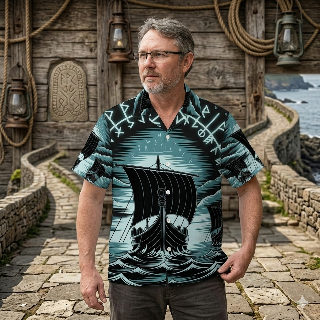 Handgenähtes Wikinger Hawaii-Hemd mit blau leuchtenden Langschiffen und Runen, Frontansicht.