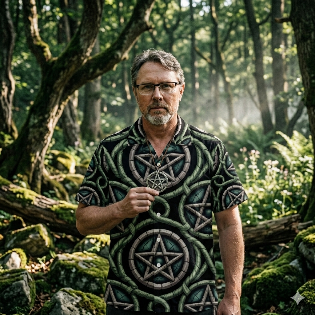 Handgenähtes Wicca-Hawaii-Hemd mit Pentagramm-Muster und keltischen Reben, Frontansicht.