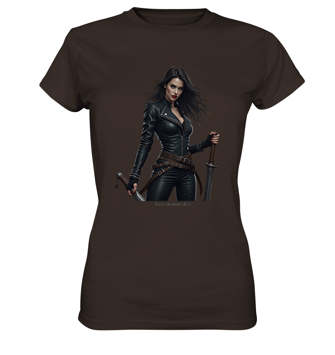 Dual Wielding Elegance Leather Clad Warrior - Ladies Premium Shirt | Lady - Shirts | Dark Shadows Arts