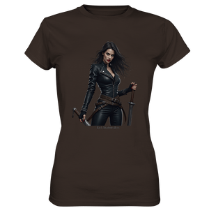 Dual Wielding Elegance Leather Clad Warrior - Ladies Premium Shirt | Lady - Shirts | Dark Shadows Arts