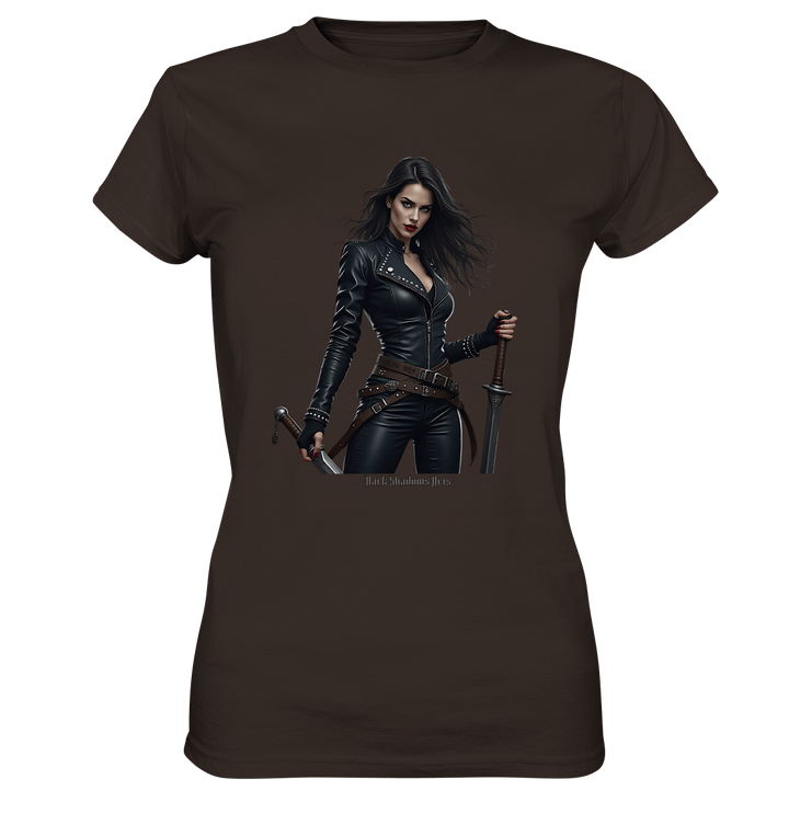 Dual Wielding Elegance Leather Clad Warrior - Ladies Premium Shirt | Lady - Shirts | Dark Shadows Arts