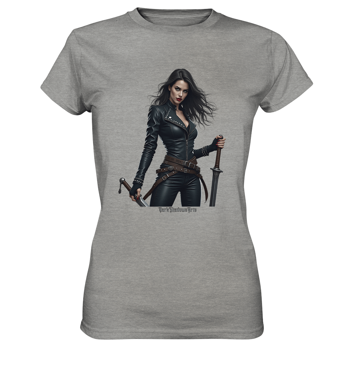Dual Wielding Elegance Leather Clad Warrior - Ladies Premium Shirt | Lady - Shirts | Dark Shadows Arts