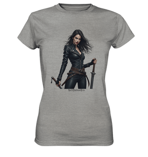 Dual Wielding Elegance Leather Clad Warrior - Ladies Premium Shirt | Lady - Shirts | Dark Shadows Arts