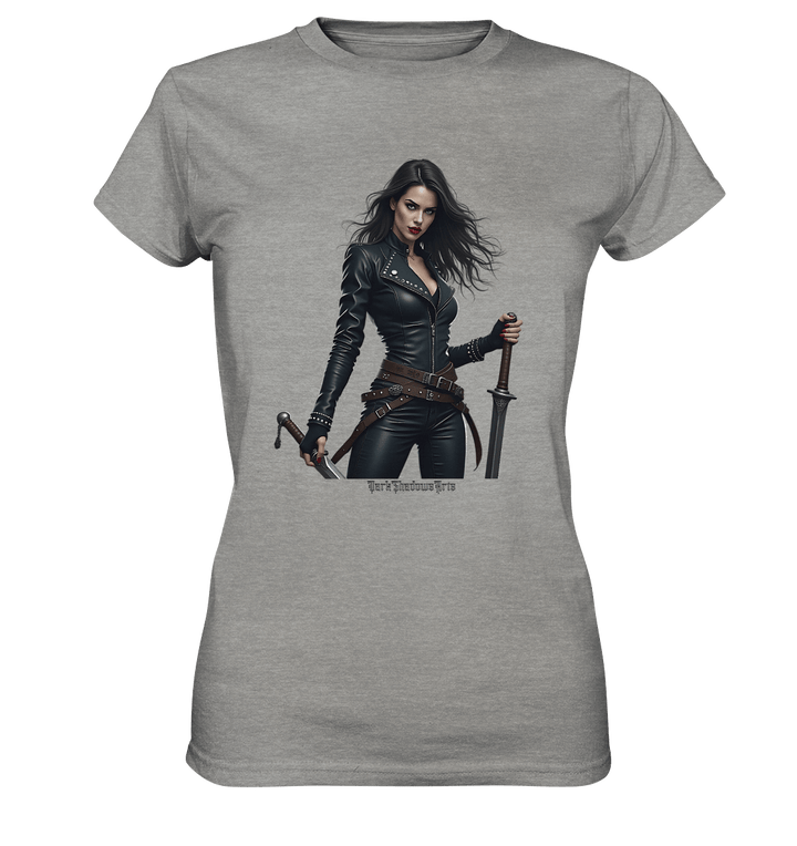 Dual Wielding Elegance Leather Clad Warrior - Ladies Premium Shirt | Lady - Shirts | Dark Shadows Arts