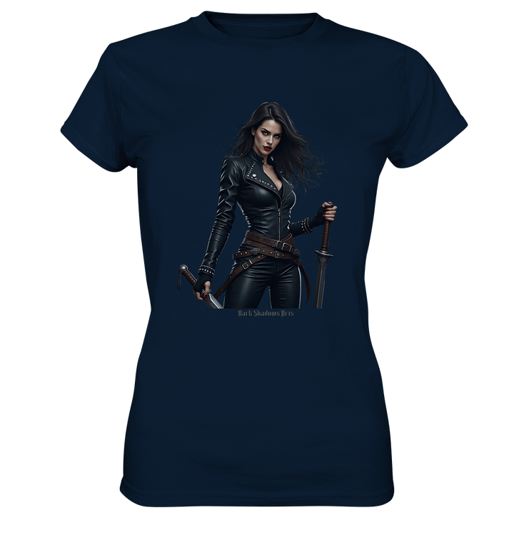 Dual Wielding Elegance Leather Clad Warrior - Ladies Premium Shirt | Lady - Shirts | Dark Shadows Arts