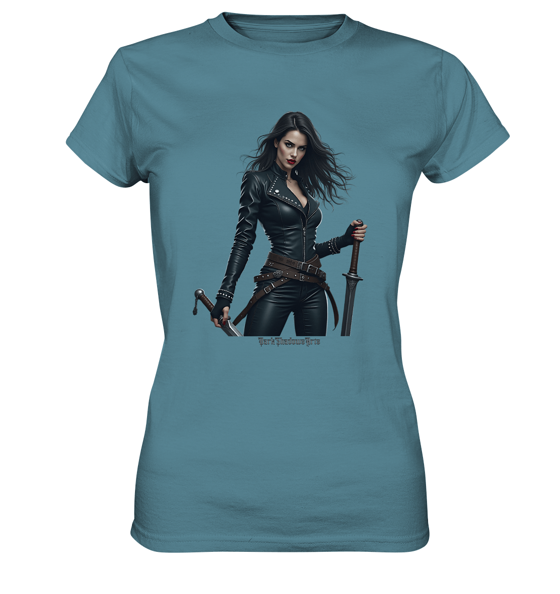 Dual Wielding Elegance Leather Clad Warrior - Ladies Premium Shirt | Lady - Shirts | Dark Shadows Arts