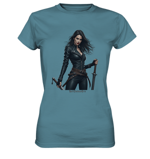 Dual Wielding Elegance Leather Clad Warrior - Ladies Premium Shirt | Lady - Shirts | Dark Shadows Arts