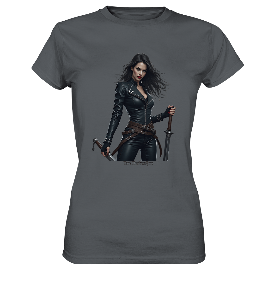 Dual Wielding Elegance Leather Clad Warrior - Ladies Premium Shirt | Lady - Shirts | Dark Shadows Arts
