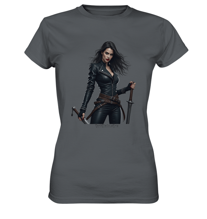Dual Wielding Elegance Leather Clad Warrior - Ladies Premium Shirt | Lady - Shirts | Dark Shadows Arts