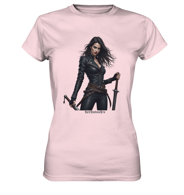 Dual Wielding Elegance Leather Clad Warrior - Ladies Premium Shirt | Lady - Shirts | Dark Shadows Arts