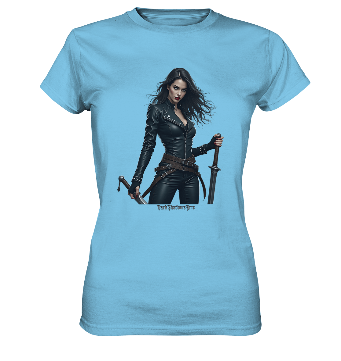 Dual Wielding Elegance Leather Clad Warrior - Ladies Premium Shirt | Lady - Shirts | Dark Shadows Arts