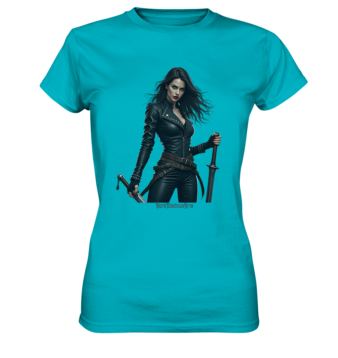 Dual Wielding Elegance Leather Clad Warrior - Ladies Premium Shirt | Lady - Shirts | Dark Shadows Arts
