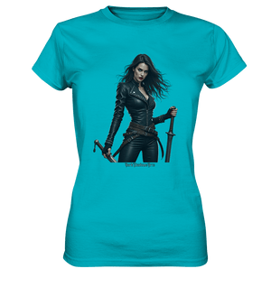 Dual Wielding Elegance Leather Clad Warrior - Ladies Premium Shirt | Lady - Shirts | Dark Shadows Arts