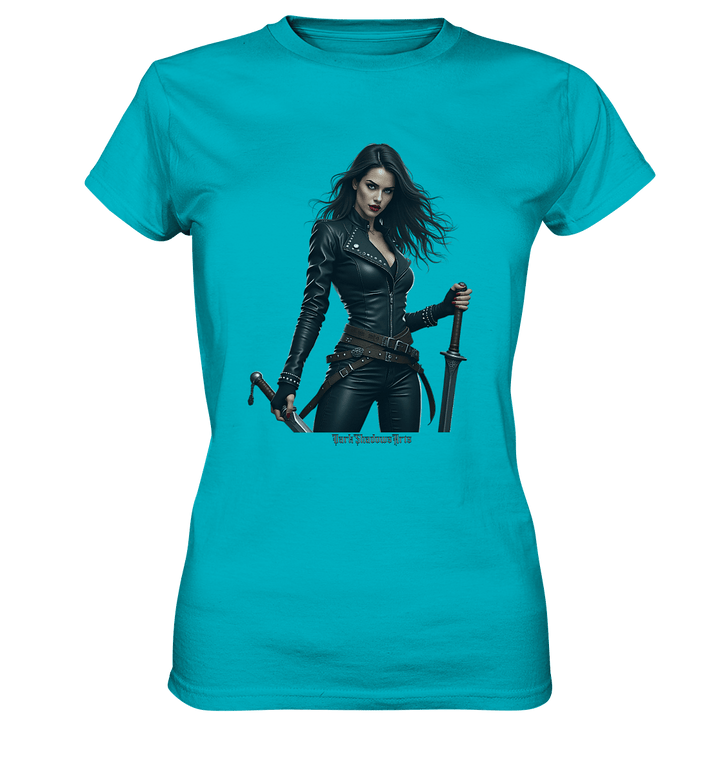 Dual Wielding Elegance Leather Clad Warrior - Ladies Premium Shirt | Lady - Shirts | Dark Shadows Arts