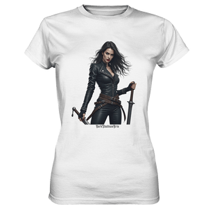 Dual Wielding Elegance Leather Clad Warrior - Ladies Premium Shirt | Lady - Shirts | Dark Shadows Arts