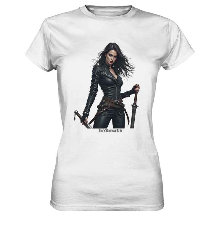 Dual Wielding Elegance Leather Clad Warrior - Ladies Premium Shirt | Lady - Shirts | Dark Shadows Arts