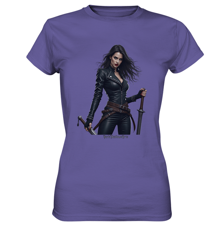 Dual Wielding Elegance Leather Clad Warrior - Ladies Premium Shirt | Lady - Shirts | Dark Shadows Arts