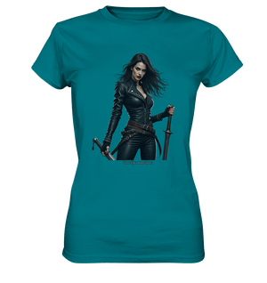 Dual Wielding Elegance Leather Clad Warrior - Ladies Premium Shirt | Lady - Shirts | Dark Shadows Arts