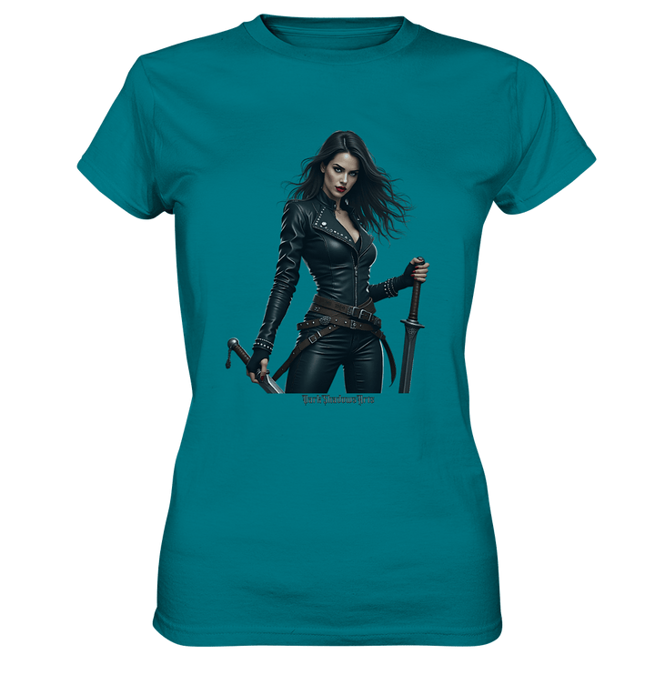 Dual Wielding Elegance Leather Clad Warrior - Ladies Premium Shirt | Lady - Shirts | Dark Shadows Arts