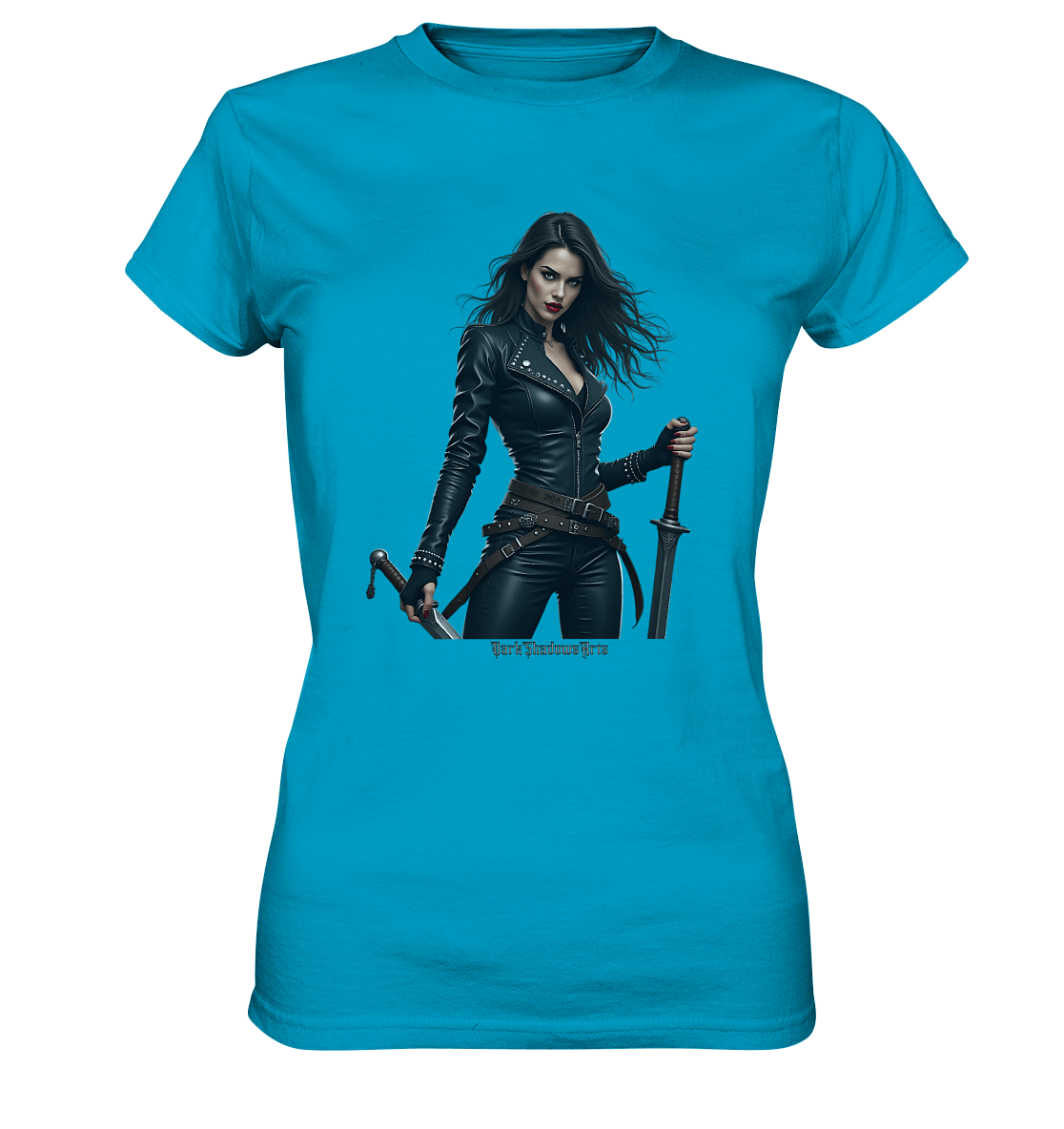 Dual Wielding Elegance Leather Clad Warrior - Ladies Premium Shirt | Lady - Shirts | Dark Shadows Arts