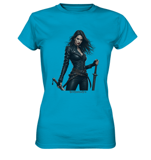 Dual Wielding Elegance Leather Clad Warrior - Ladies Premium Shirt | Lady - Shirts | Dark Shadows Arts