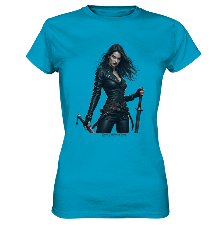 Dual Wielding Elegance Leather Clad Warrior - Ladies Premium Shirt | Lady - Shirts | Dark Shadows Arts