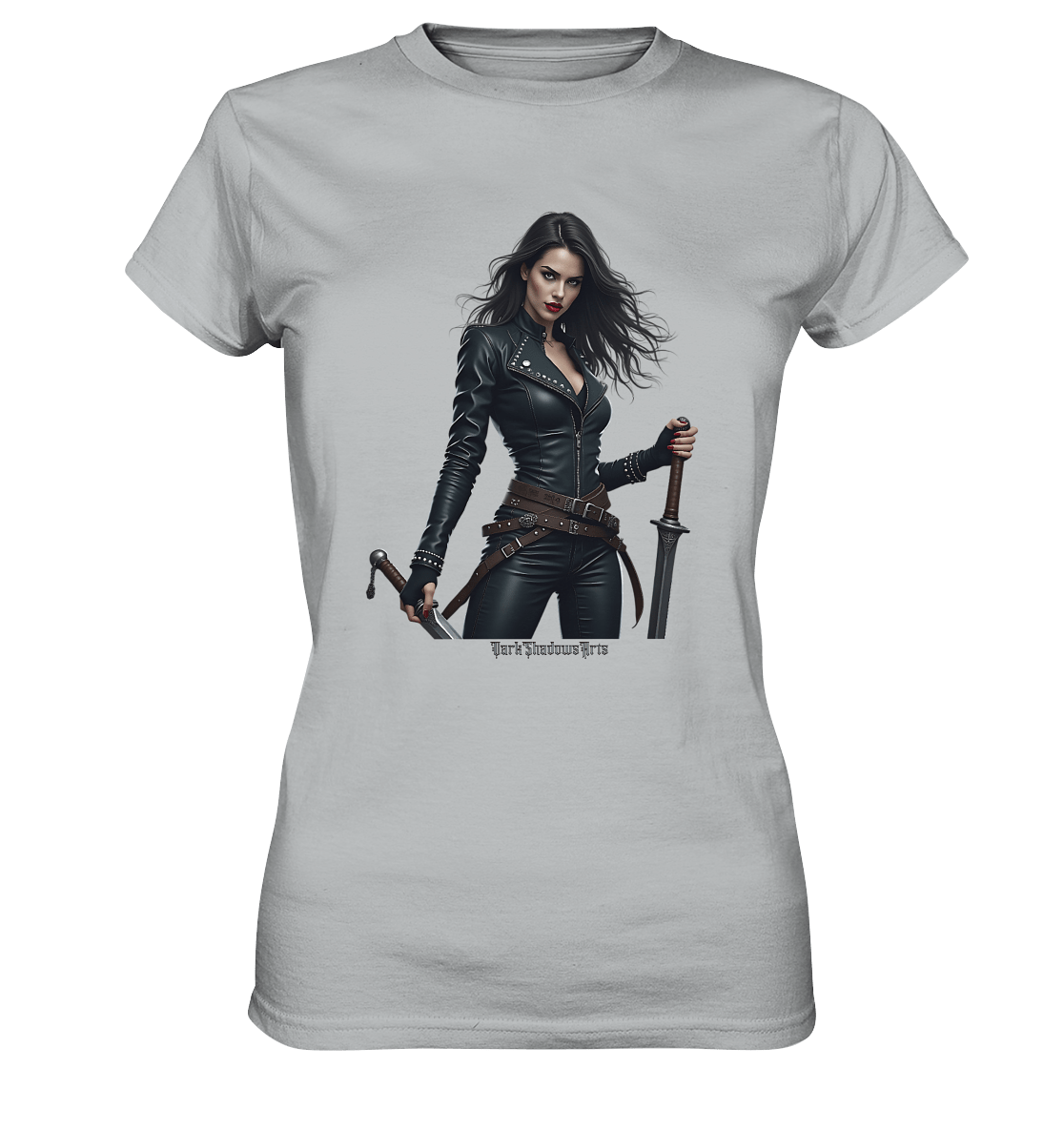 Dual Wielding Elegance Leather Clad Warrior - Ladies Premium Shirt | Lady - Shirts | Dark Shadows Arts