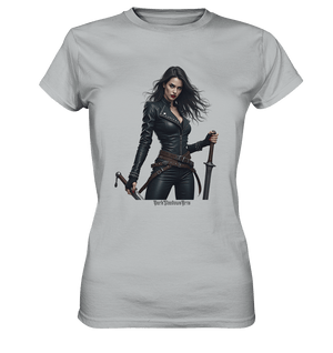 Dual Wielding Elegance Leather Clad Warrior - Ladies Premium Shirt | Lady - Shirts | Dark Shadows Arts