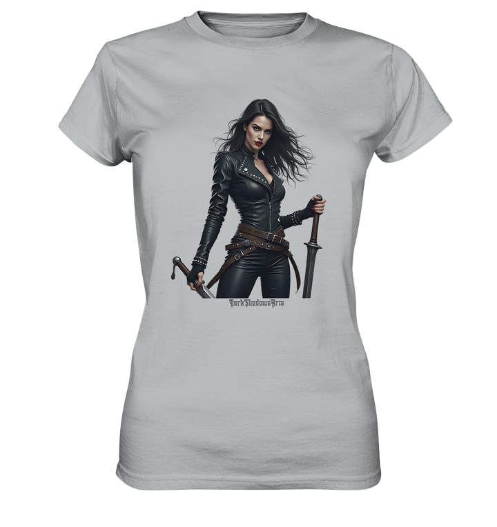 Dual Wielding Elegance Leather Clad Warrior - Ladies Premium Shirt | Lady - Shirts | Dark Shadows Arts