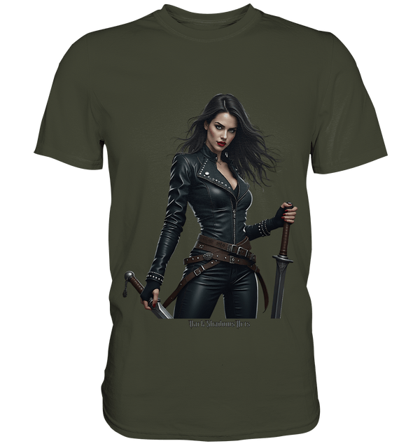 Dual Wielding Elegance Leather Clad Warrior - Premium Shirt | Unisex - Shirts | Dark Shadows Arts