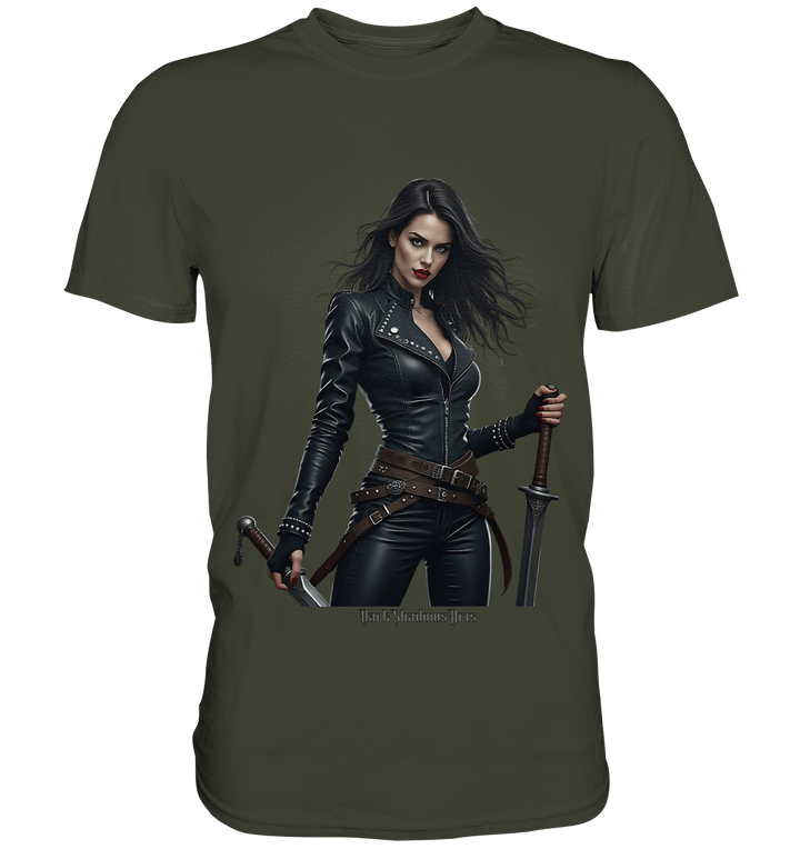 Dual Wielding Elegance Leather Clad Warrior - Premium Shirt | Unisex - Shirts | Dark Shadows Arts