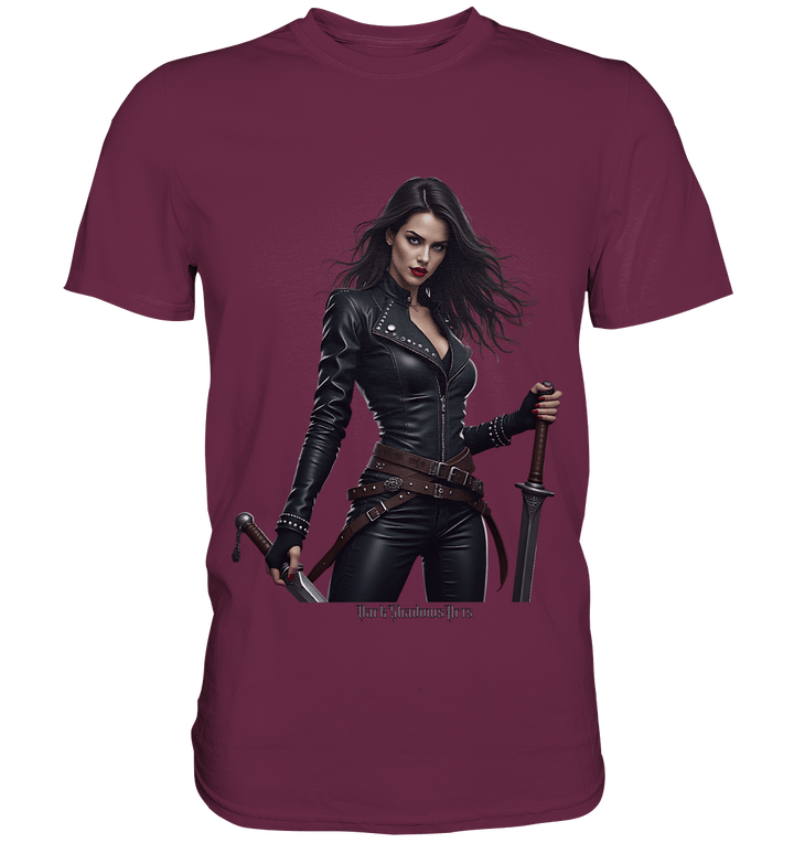 Dual Wielding Elegance Leather Clad Warrior - Premium Shirt | Unisex - Shirts | Dark Shadows Arts