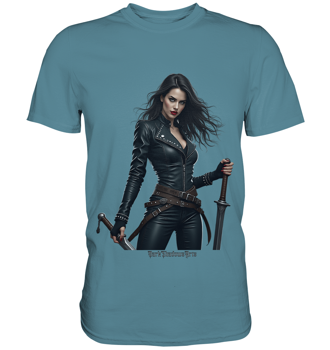 Dual Wielding Elegance Leather Clad Warrior - Premium Shirt | Unisex - Shirts | Dark Shadows Arts