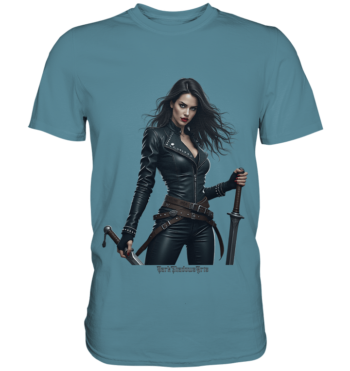 Dual Wielding Elegance Leather Clad Warrior - Premium Shirt | Unisex - Shirts | Dark Shadows Arts