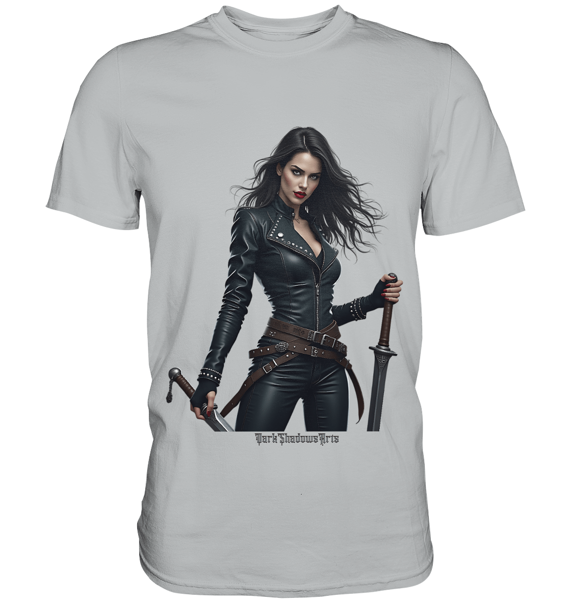 Dual Wielding Elegance Leather Clad Warrior - Premium Shirt | Unisex - Shirts | Dark Shadows Arts