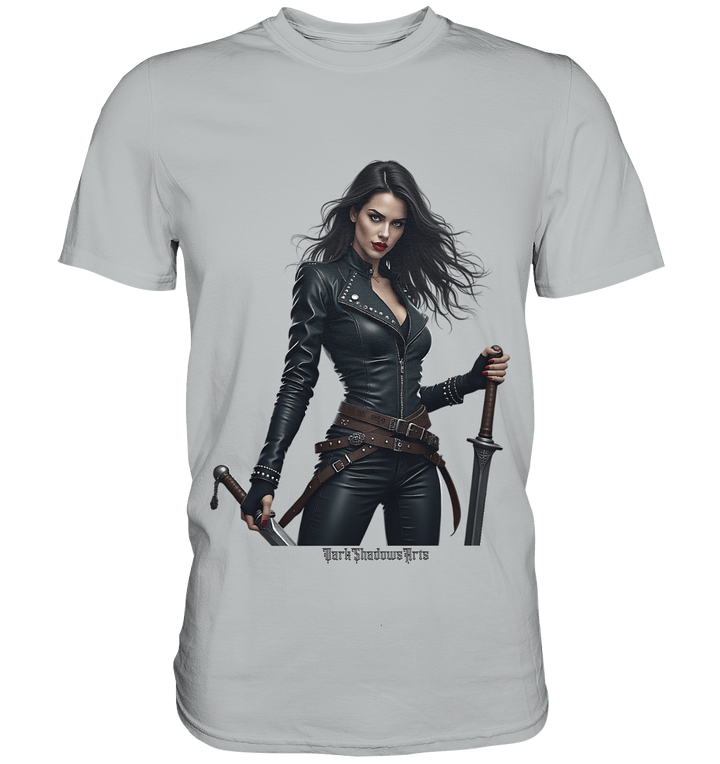 Dual Wielding Elegance Leather Clad Warrior - Premium Shirt | Unisex - Shirts | Dark Shadows Arts