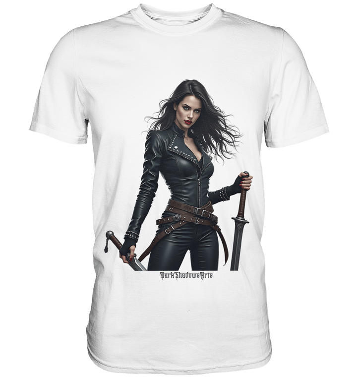 Dual Wielding Elegance Leather Clad Warrior - Premium Shirt | Unisex - Shirts | Dark Shadows Arts