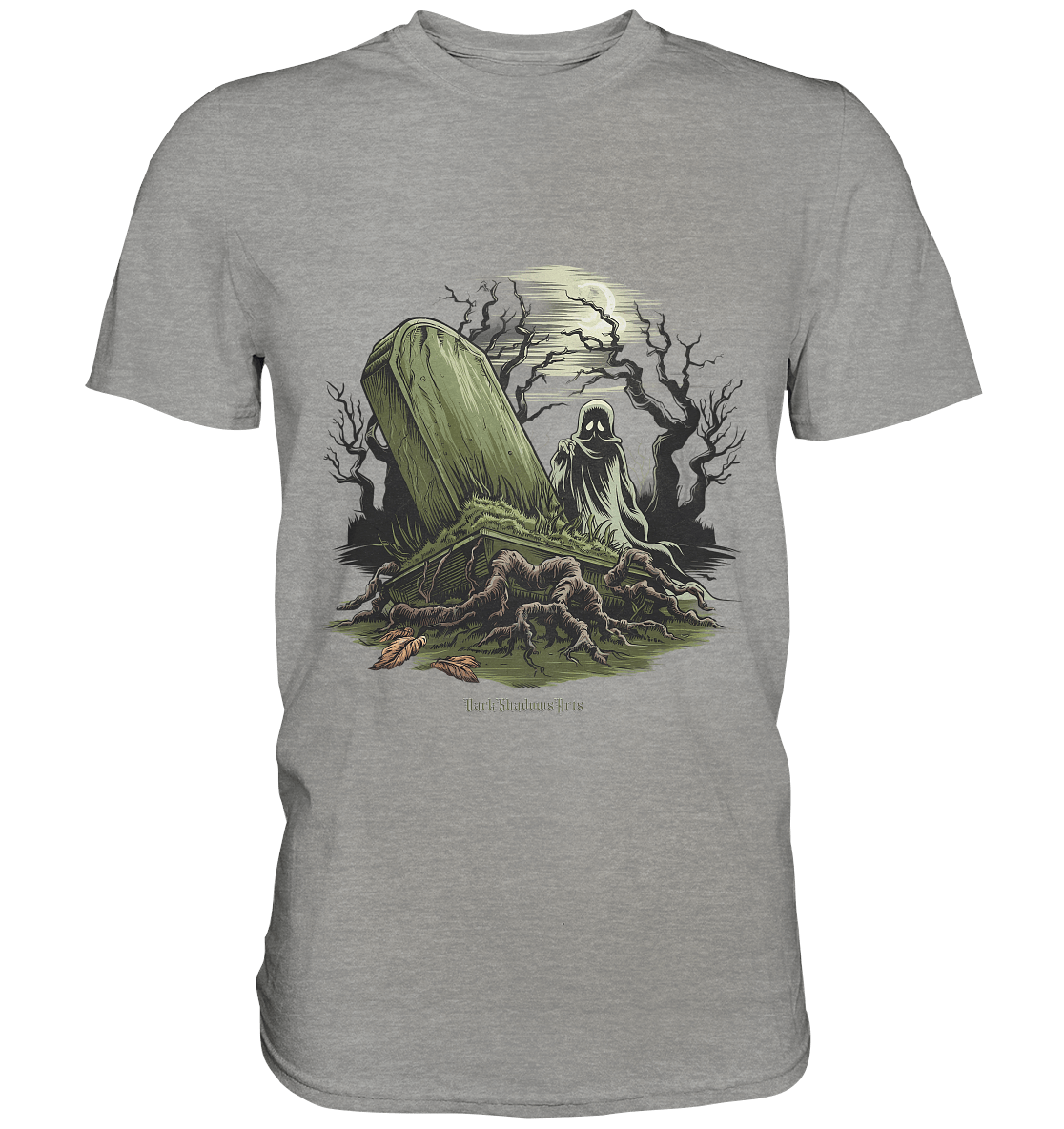 Düsterer Friedhof bei Nacht - Geist vor verfallenem Grabstein in mystischer Atmosphäre - Premium Shirt | Unisex - Shirts | Dark Shadows Arts