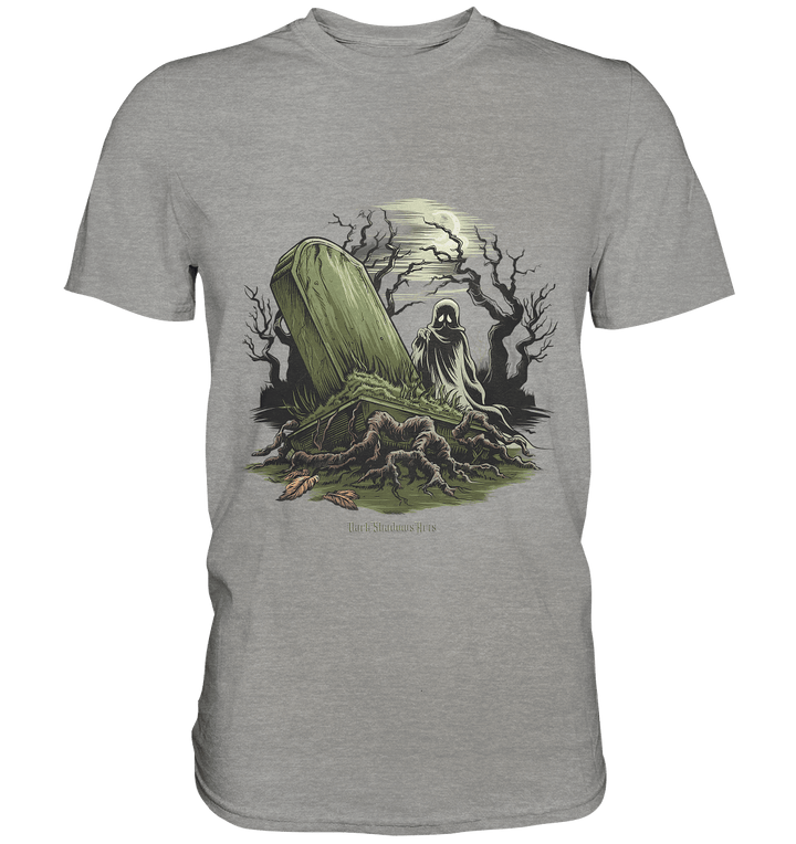 Düsterer Friedhof bei Nacht - Geist vor verfallenem Grabstein in mystischer Atmosphäre - Premium Shirt | Unisex - Shirts | Dark Shadows Arts